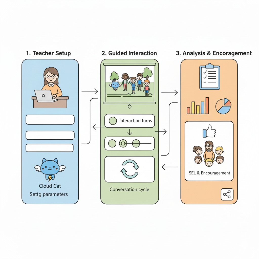 使用流程圖:1. 老師設定參數 2. 引導式對話互動 3. 分析與鼓勵